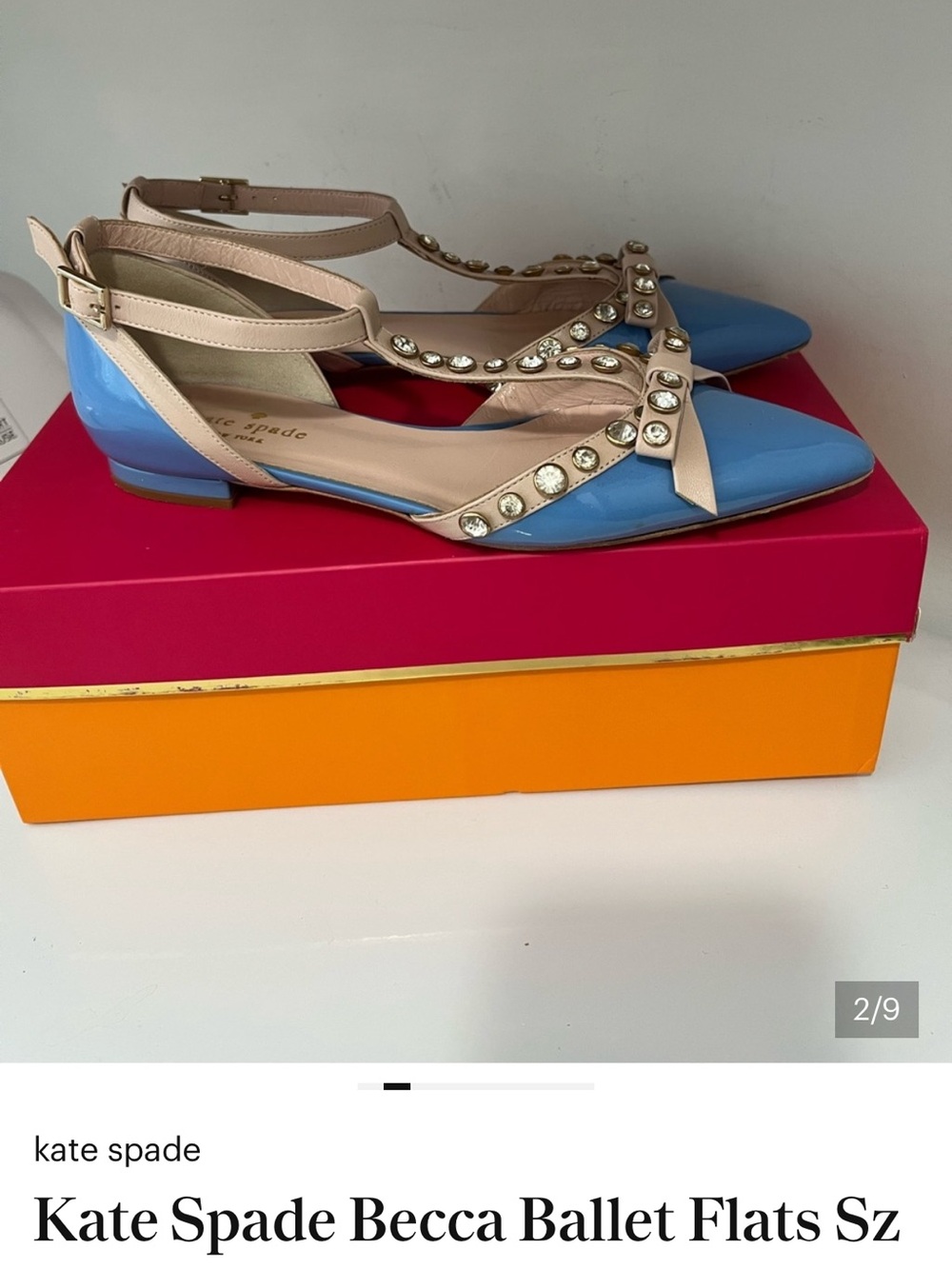 kate spade Becca Tiffany Blue and Nude Jeweled T-Strap Pointed Flats - Picture 2 of 3